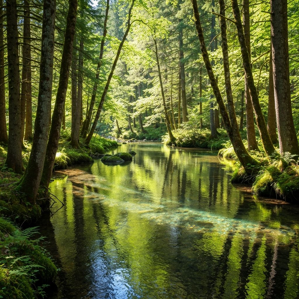Beautiful natural environment with forest stream and sunlight