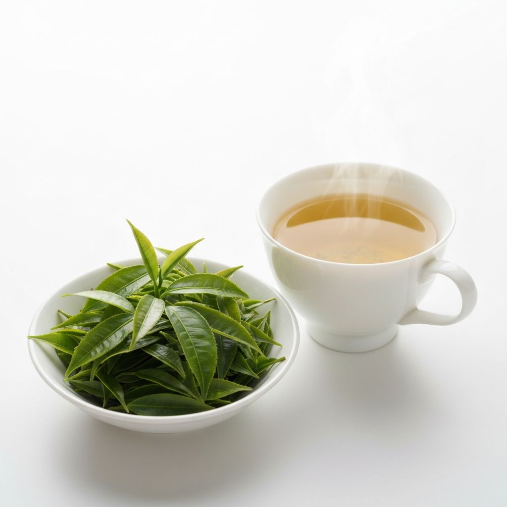 Fresh green tea leaves and brewed cup of green tea