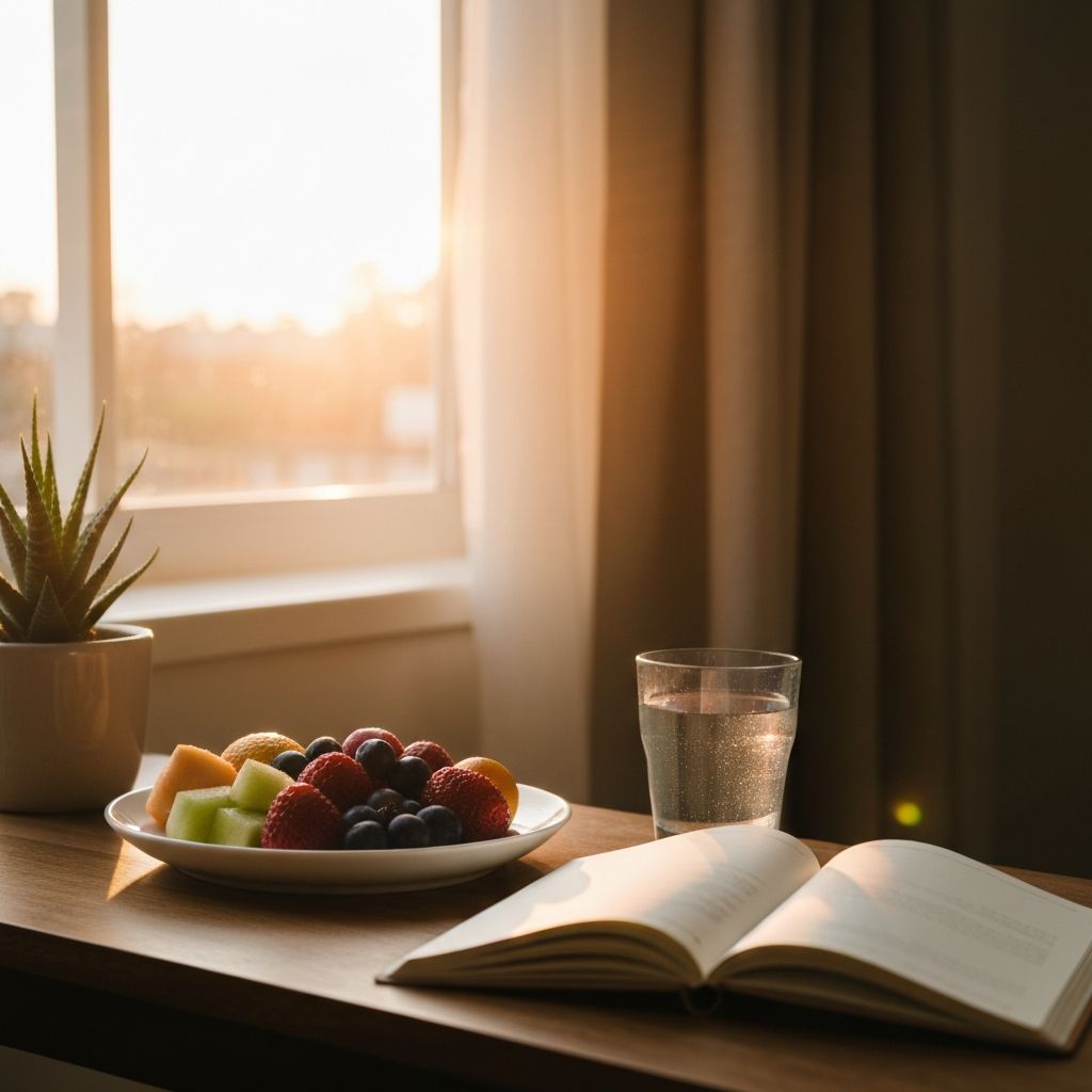 Serene morning routine with fresh fruit, water, and plants by window